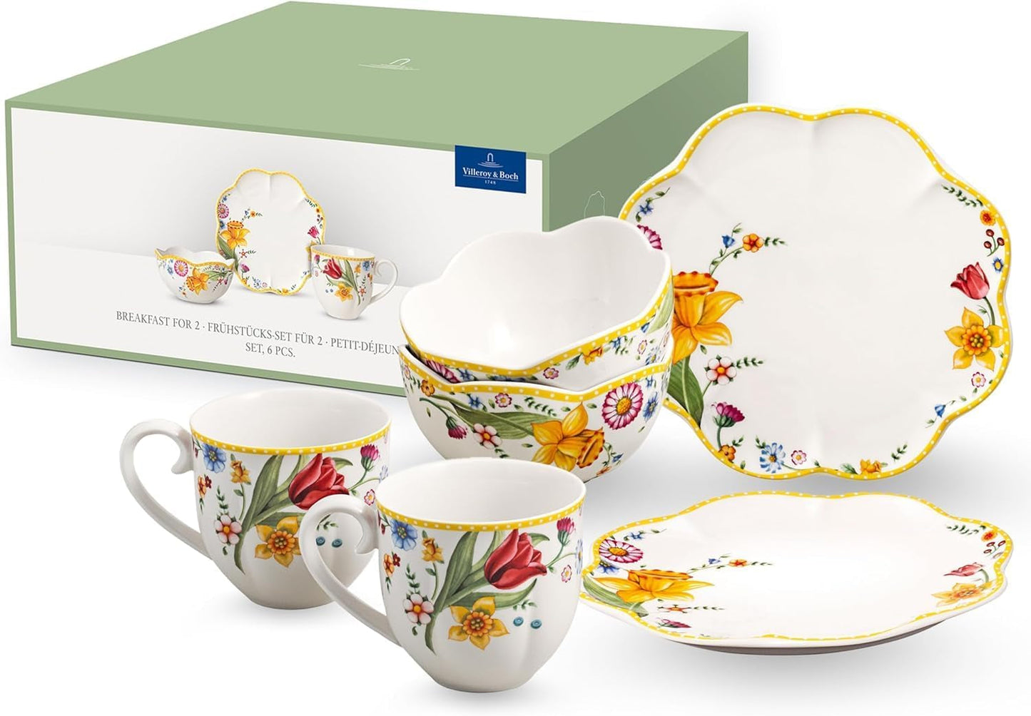 Villeroy & Boch - Set de desayuno Spring Awakening para 2, 6 piezas, Vajilla de Pascua, Desayuno, Pascua, Servicio de café, Vajilla de primavera, Porcelana