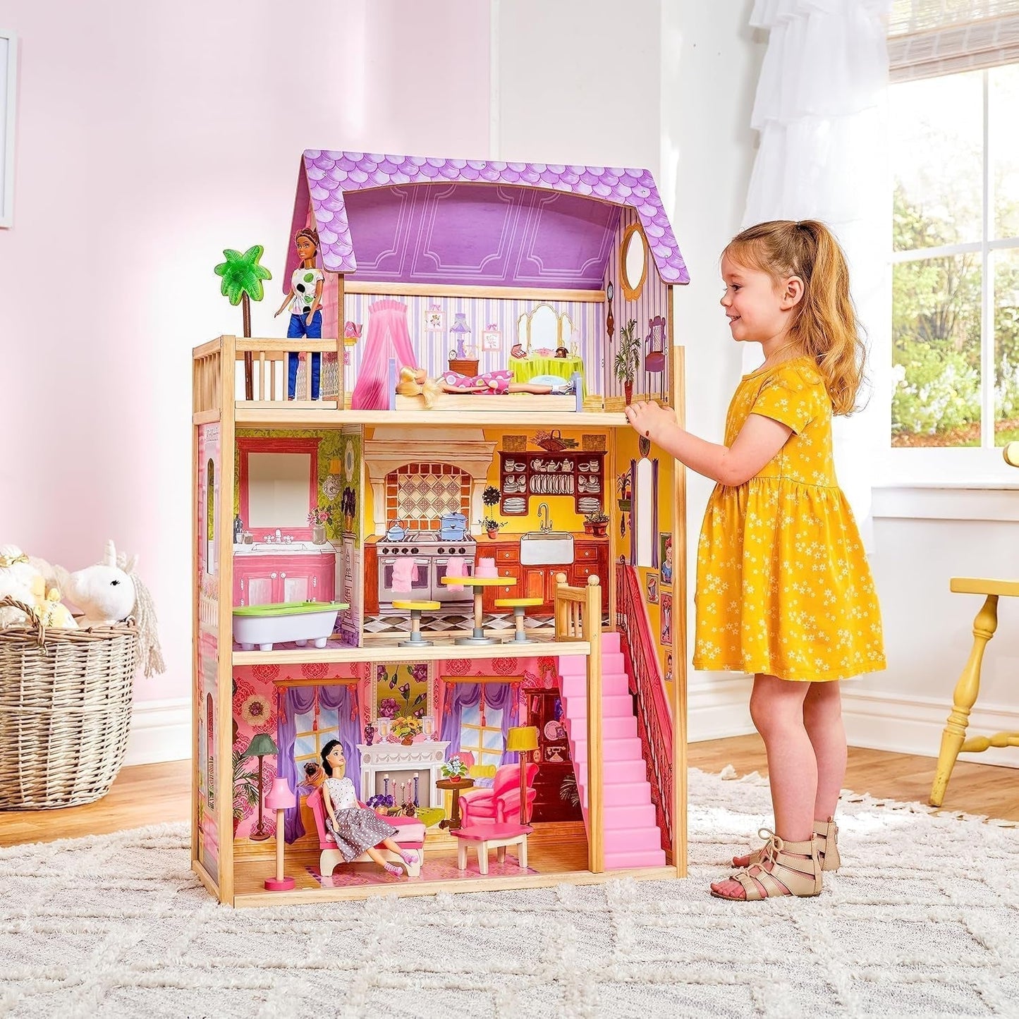 Kidkraft Casa de Muñecas de Madera Kayla con Muebles y Accesorios, Playset de 3 Niveles para Muñecas de 30 cm, Juguete para 3 años, 65092 - En exclusiva en Amazon Casas de Muñecas Naty Shop