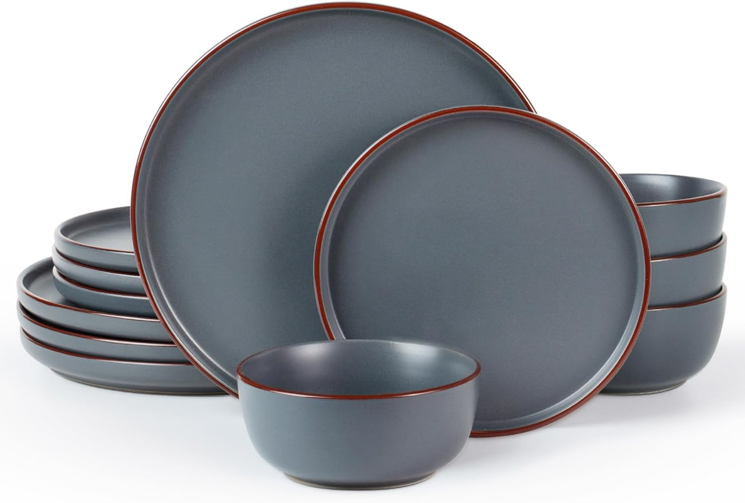 Mercury Juego de vajilla de 12 piezas, vajilla de gres para 4 personas con platos llanos, platos de postre, cuencos de cereales, apto para microondas y lavavajillas, gris carbón