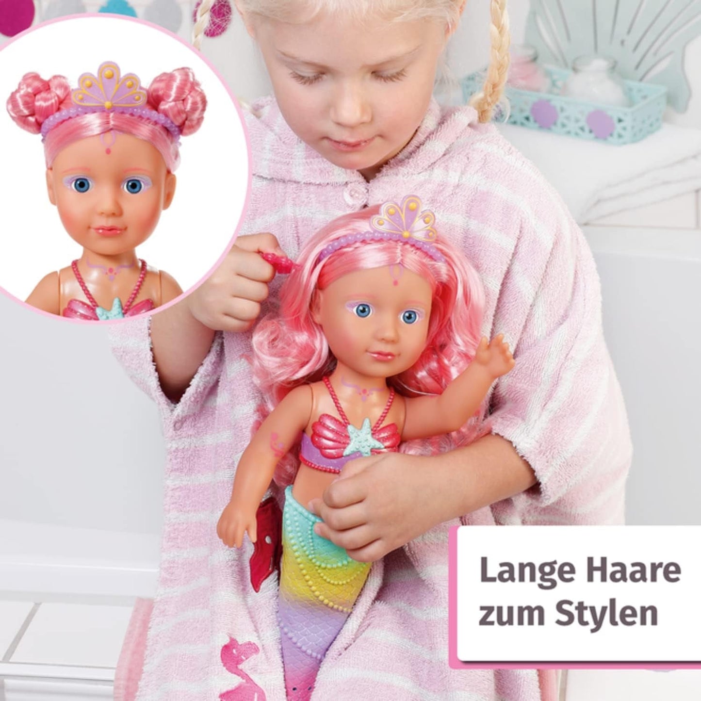BABY Born Little Sister Mermaid 46 cm Muñeca sirena impermeable con pelo largo y aleta brillante móvil, incl. tiara y peine, 833681 Zapf Creation Dolls Naty Shop