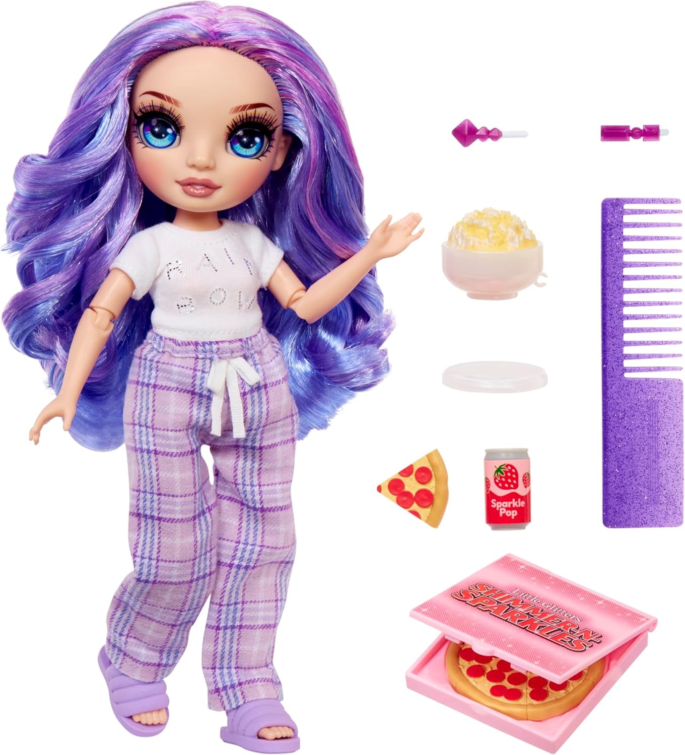 Muñeca Rainbow High Junior High PJ Party - Violeta - 22 cm con mono mullido, zapatillas y accesorios de juego - Juguete para niños - Ideal para 4-12 años
