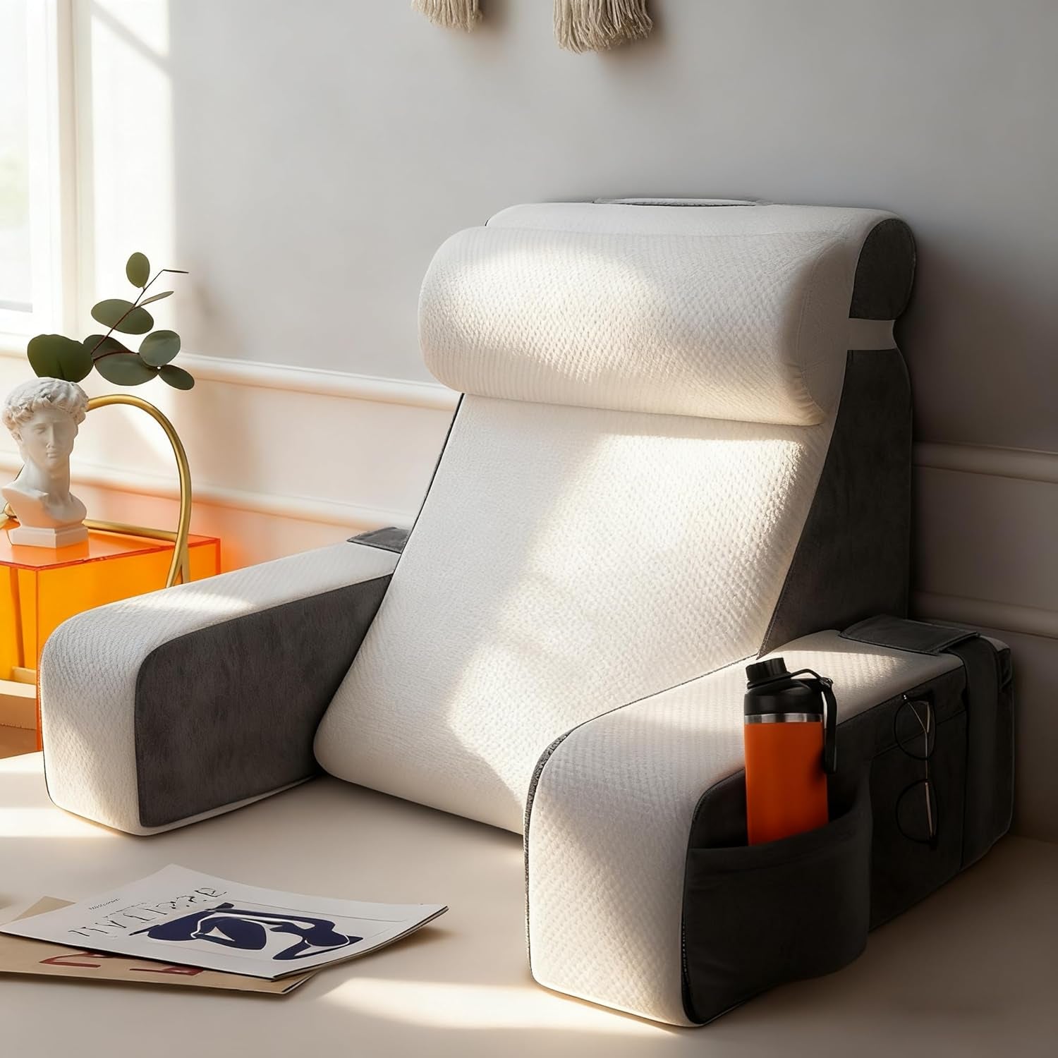 Almohada de lectura grande con soporte para el cuello y reposabrazos extraíbles, almohada de respaldo para cama, almohada de respaldo ergonómica con brazo, bolsillo y funda lavable para leer y ver televisión.