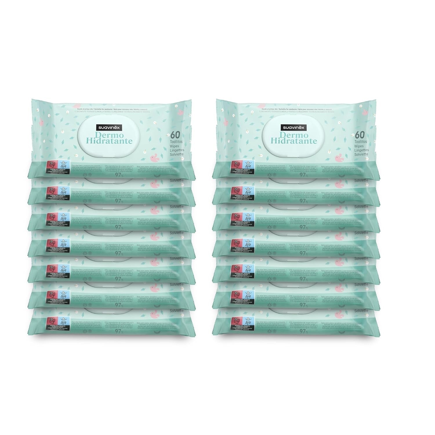 Suavinex 14 Pack de 60 Toallitas Húmedas para Bebé (840 Toallitas en Total), Hidratantes, Aptas para Pieles Atópicas, 95% Ingredientes Naturales