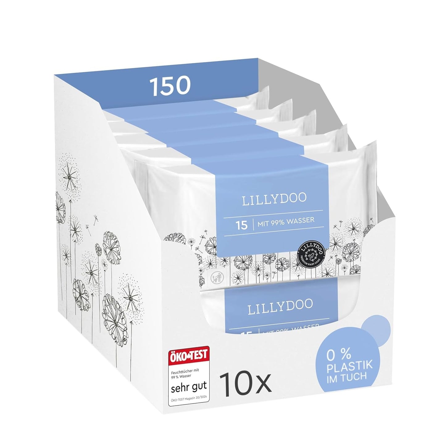LILLYDOO Toallitas húmedas verdes, 600 unidades (10 x 60), toallitas 100 % libres de plástico, resistentes a desgarros, sin fragancia, suave y natural, limpieza suave para pieles sensibles, dermatológicamente probadas