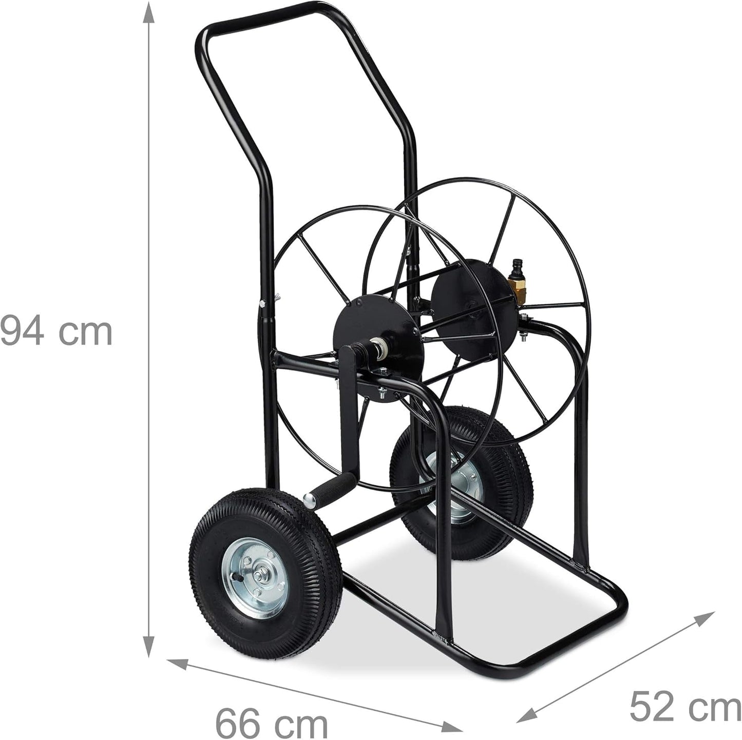 Relaxdays Carro portamangueras, enrollador de mangueras móvil, conexión de 1/2" y 3/4", manguera de hasta 80 m, 2 ruedas, metal, negro