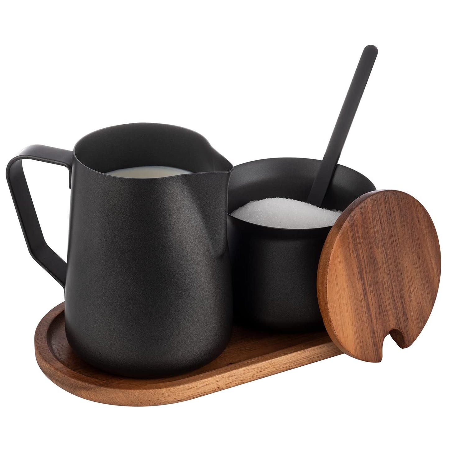 Juego de leche y azúcar APS 634, 5 piezas, madera de acacia, acero inoxidable, revestimiento antiadherente, negro