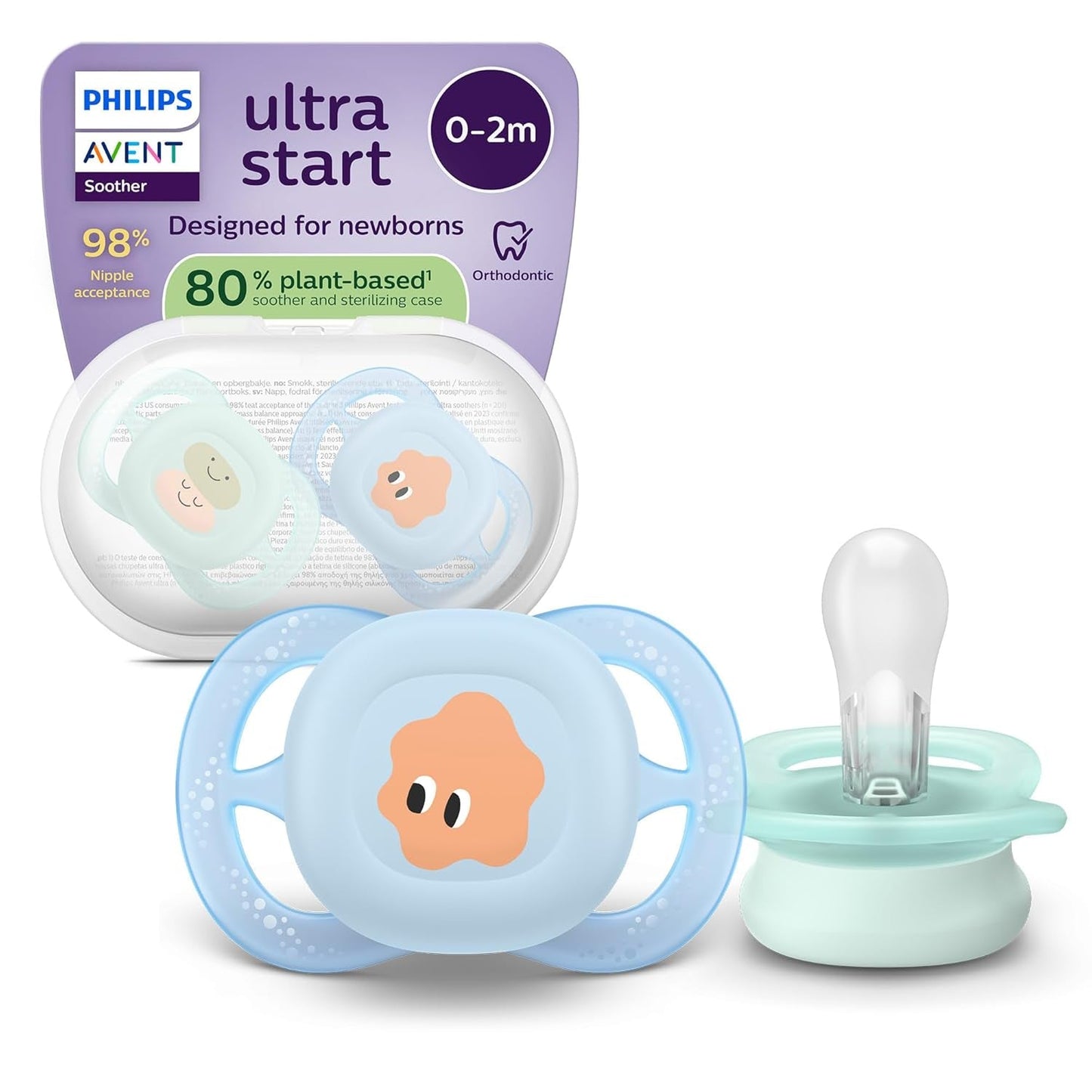 Philips AVENT Chupete nocturno Ultra Start, Chupete ortodóntico para recién nacidos, Brilla en la oscuridad, Sin BPA, con contenedor de esterilización, Paquete doble, Luna, Estrella, SCF075/07