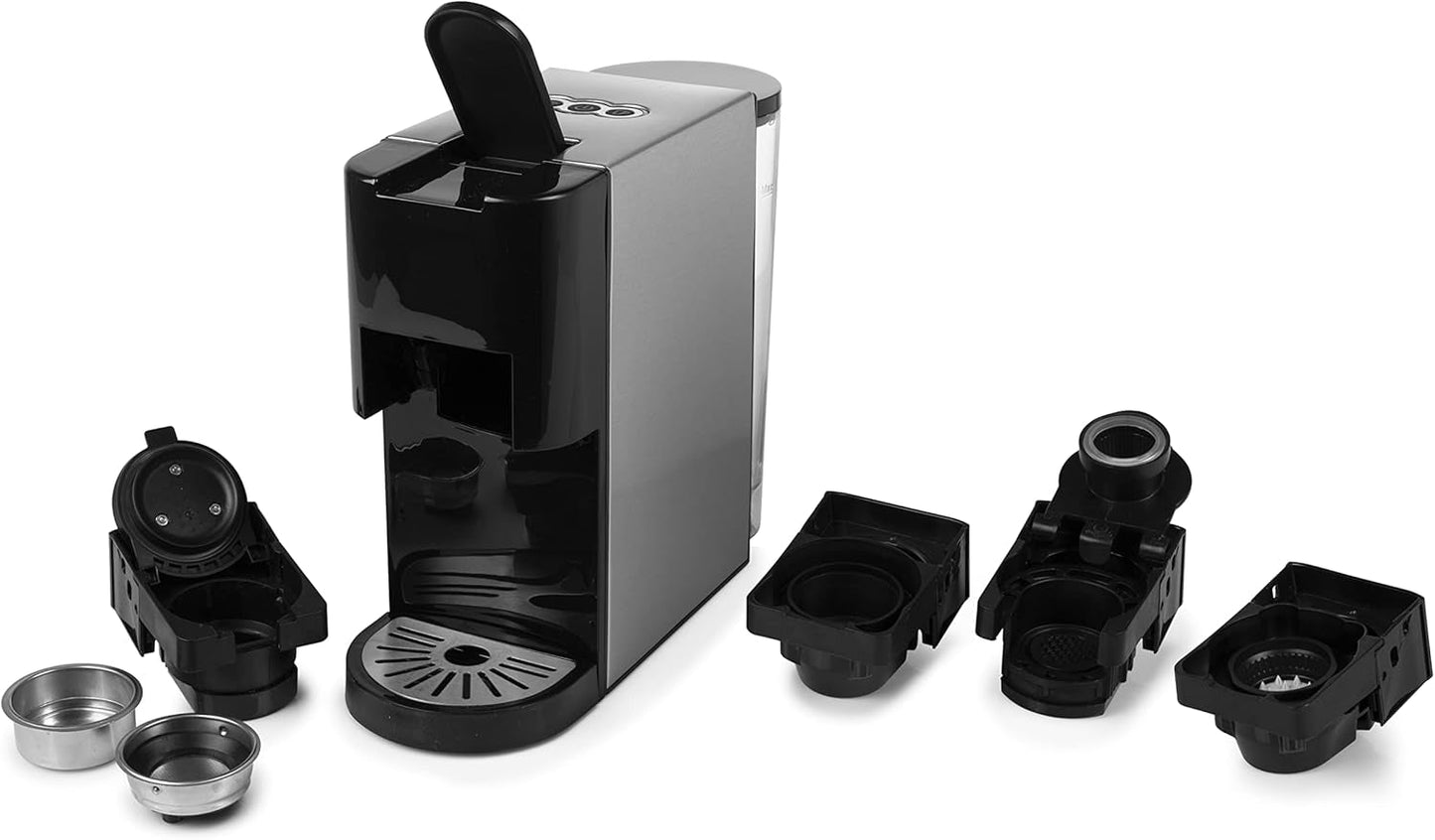 Princess Cafetera Espresso Multicápsulas 5 en 1 - Compatible con Nespresso, Dolce Gusto, Lavazza a Modo Mio y ESE Pads, 0,8L de Capacidad, 1450W, Plata, Negro