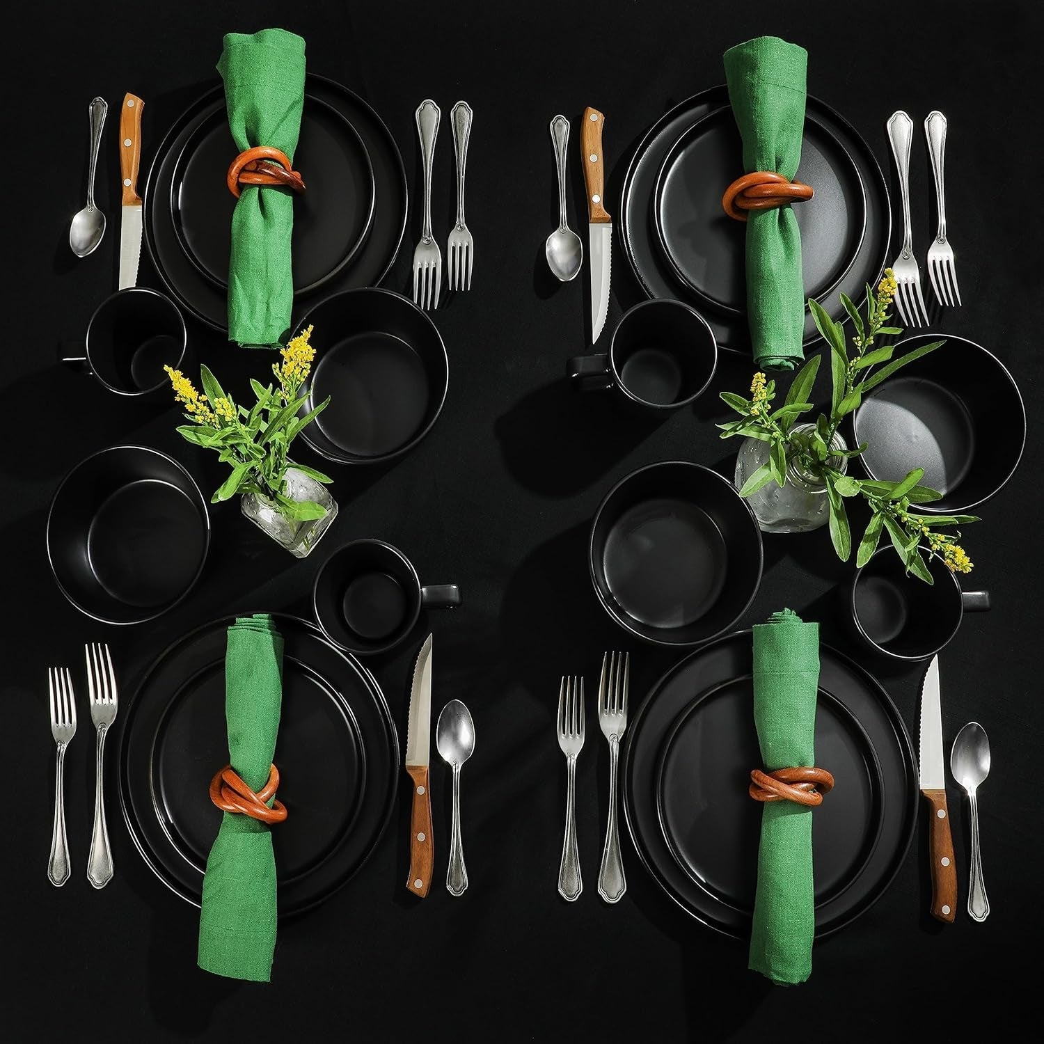 Juego de vajilla Bowery, 32 piezas, negro mate, gres, platos, tazones y tazas, 8 porciones