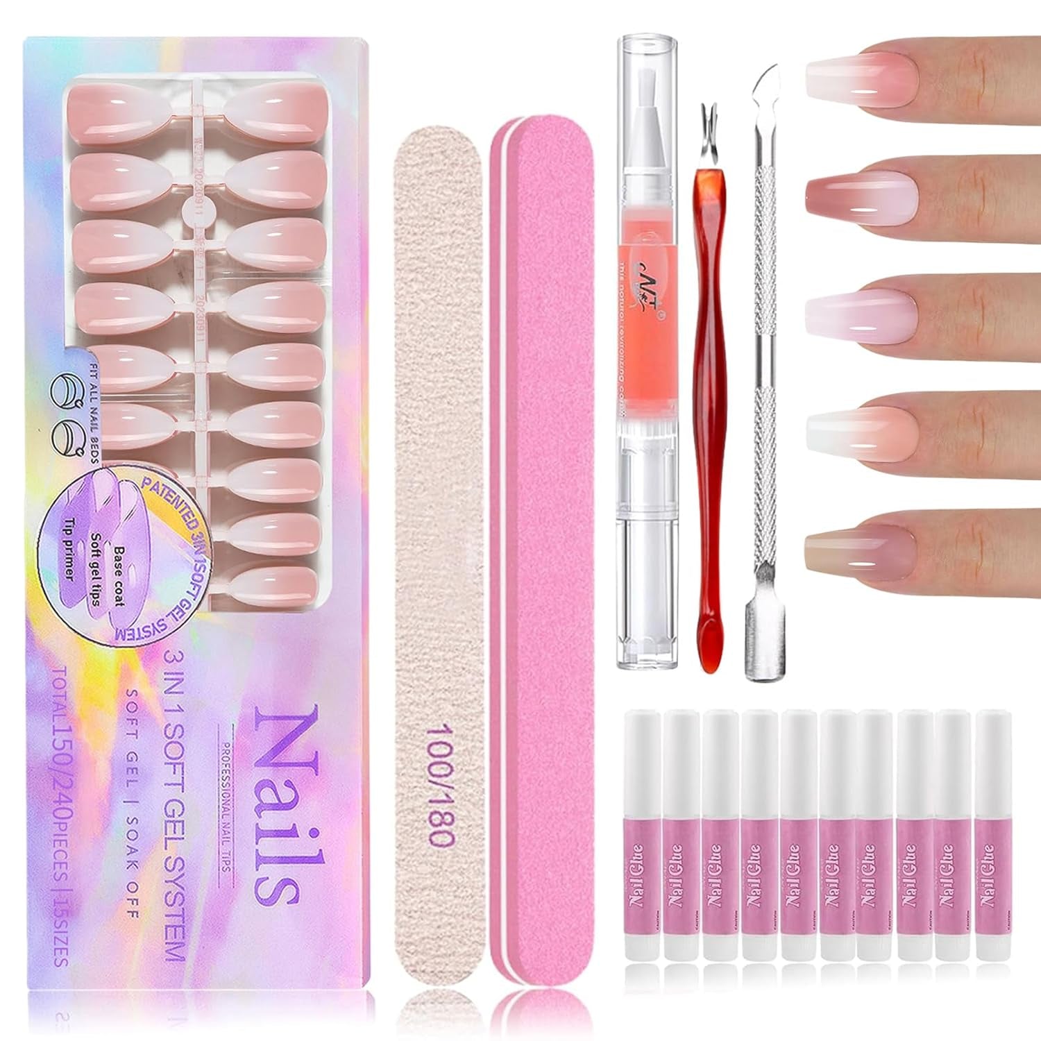 Kit de 150 uñas postizas degradadas – 5 colores diseño degradado uñas artificiales autoadhesivas – cubierta completa para mujeres y niñas – uñas postizas brillantes para manicura DIY (cuadrado)