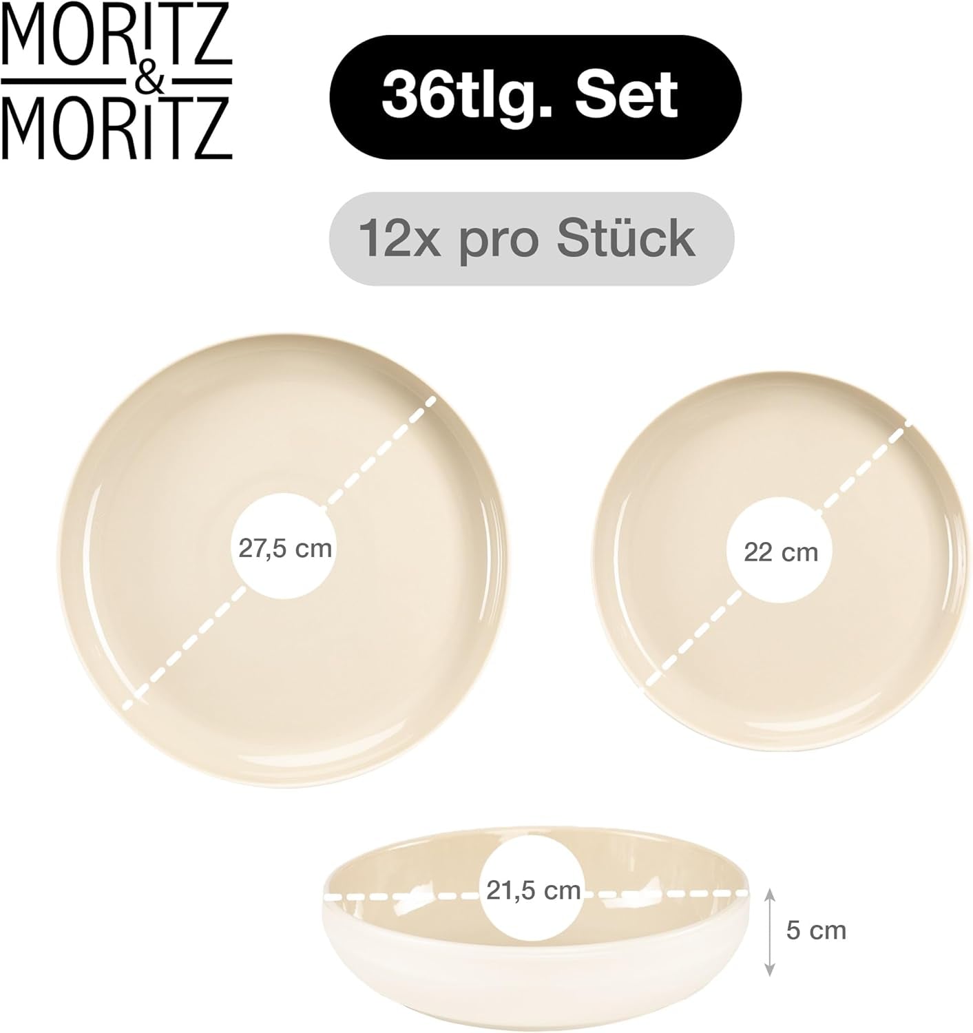 Moritz & Moritz CAVO vajilla de gres para 12 personas, 36 piezas - Moderno servicio de mesa en color arena - Juego combinado de fácil cuidado con platos y cuencos - Servicio de café