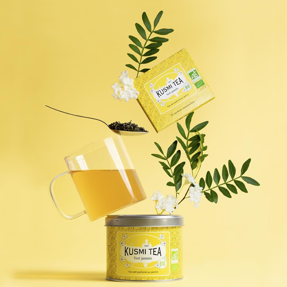 Té Kusmi - Paquete de 2 - Té verde jazmín - Mezcla de té verde jazmín orgánico - Té verde 100% orgánico - Se puede consumir frío o caliente - 2X20 bolsitas de té
