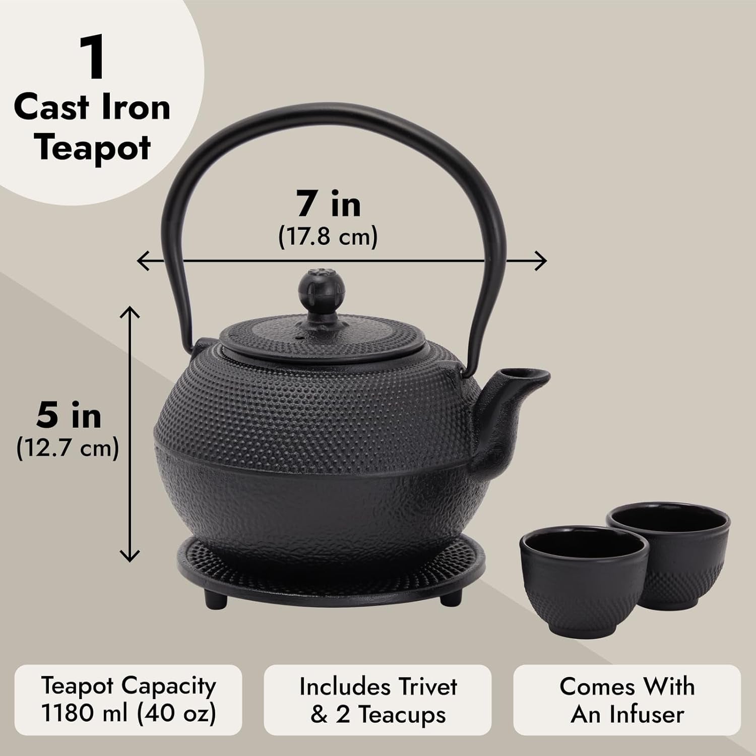Juvale Juego de té japonés con tetera de hierro fundido (1200 ml), platillo y 2 tazas, juego de té estilo Tetsubin, negro