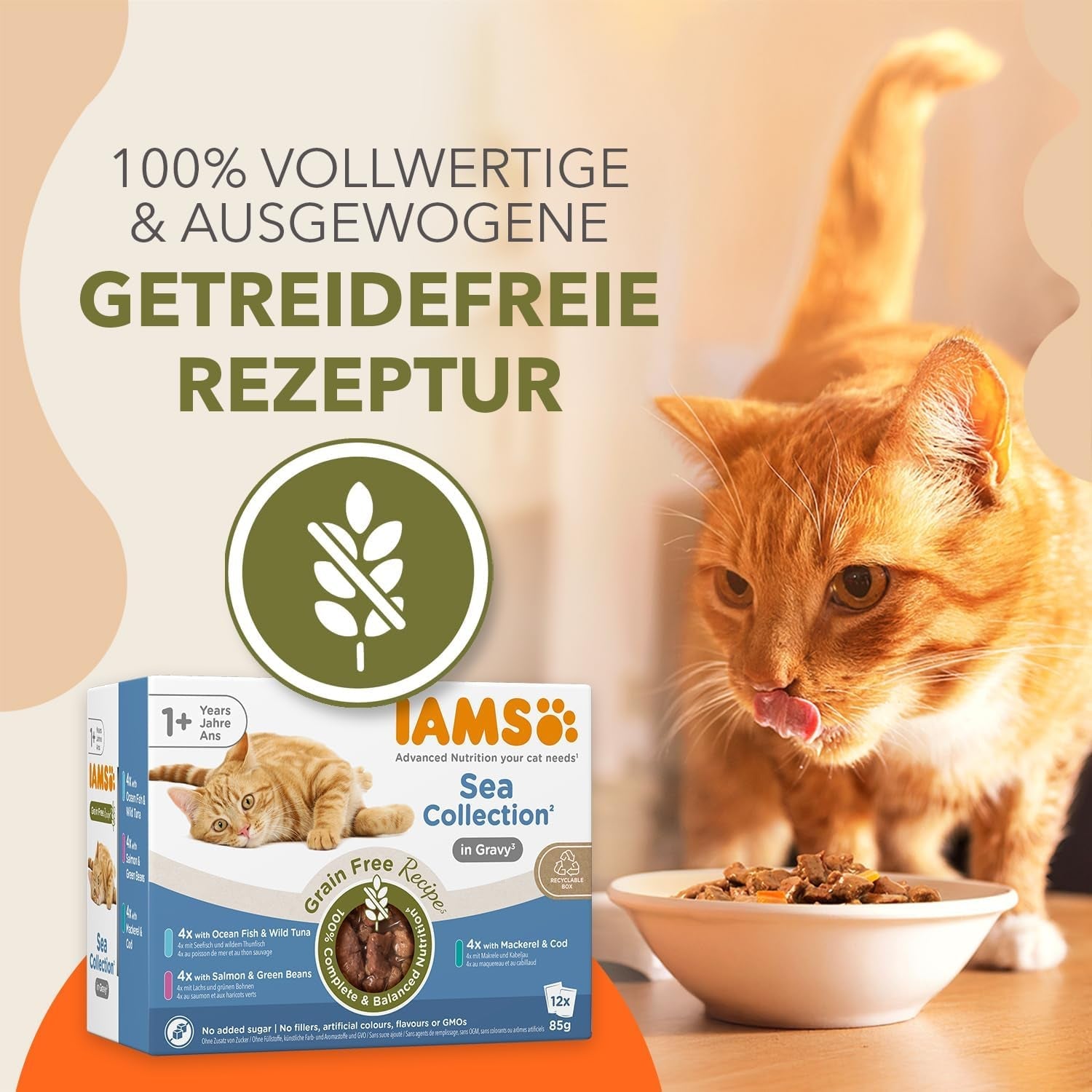 IAMS Delights Sea Collection Comida húmeda para gatos sin cereales - Paquete múltiple con variedad de pescado en salsa, comida húmeda sin cereales para gatos a partir de 1 año, 12 x 85 g