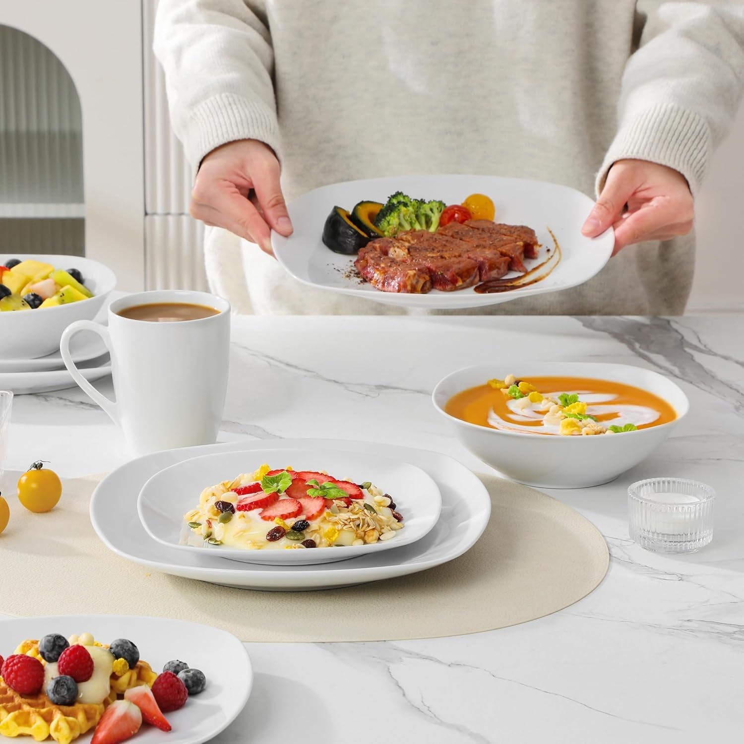MALACASA Vajilla para 4, Vajilla de Porcelana Blanca de 16 Piezas, Vajilla Moderna con 4 Platos Llanos, Platos de Postre, Platos y Tazas Suma, Serie ELISA