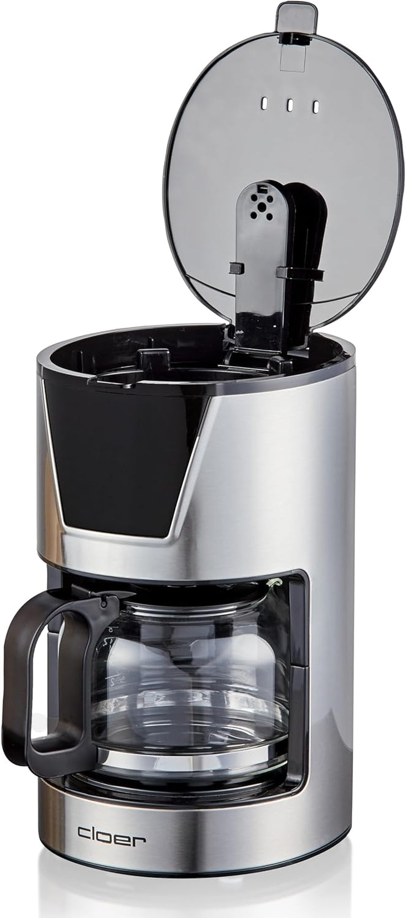 Cloer Cafetera espresso con filtro de 6 tazas, Función suave para mantener caliente, Jarra de vidrio, Cuchara medidora, Indicador de nivel de agua, Sistema antigoteo, Apagado automático, Tamaño del filtro 1x2, 550W, Acero inoxidable