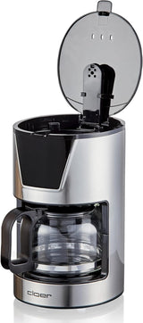 Cloer Cafetera espresso con filtro de 6 tazas, Función suave para mantener caliente, Jarra de vidrio, Cuchara medidora, Indicador de nivel de agua, Sistema antigoteo, Apagado automático, Tamaño del filtro 1x2, 550W, Acero inoxidable