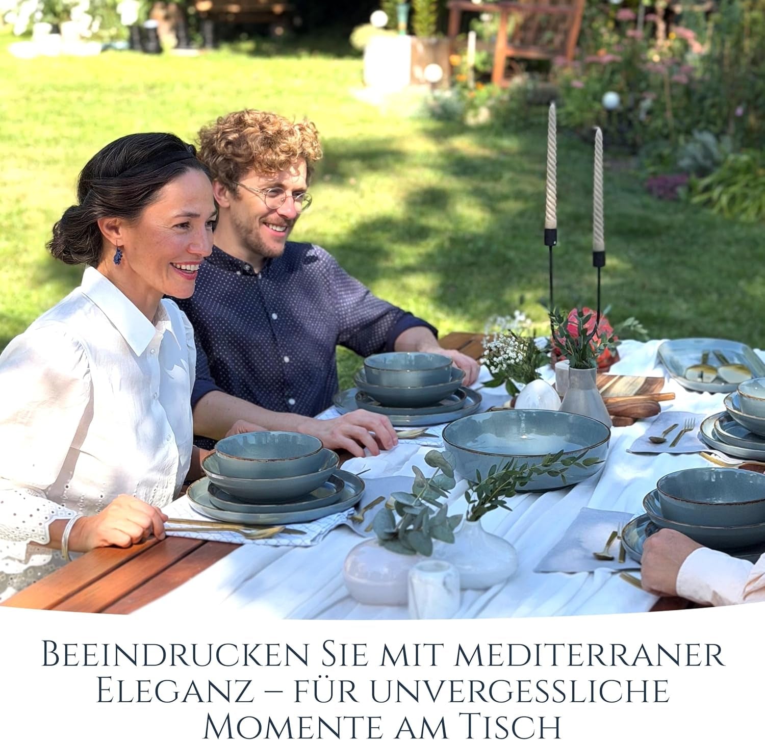Steingut Geschirrset 6 Personen Rústico 24 tlg. TESTSIEGER, Hochwertiges Landhaussttil Steingut Geschirr Set, Schüssel- und Teller Set, Tafelservice 6 Personen, Geschirrsets Pure Living in Rauchblau