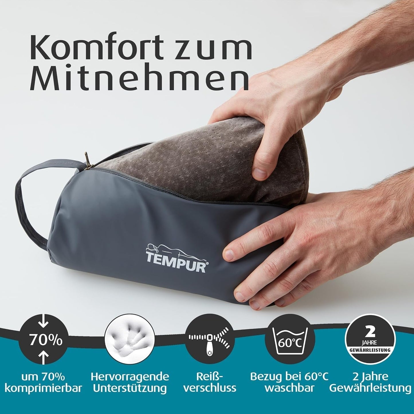 TEMPUR Almohada de Viaje Viscoelástica, Almohada Cervical Ergonómica, Incluye Bolsa de Transporte, Antracita, Dimensiones 25 x 31 x 10/7 cm