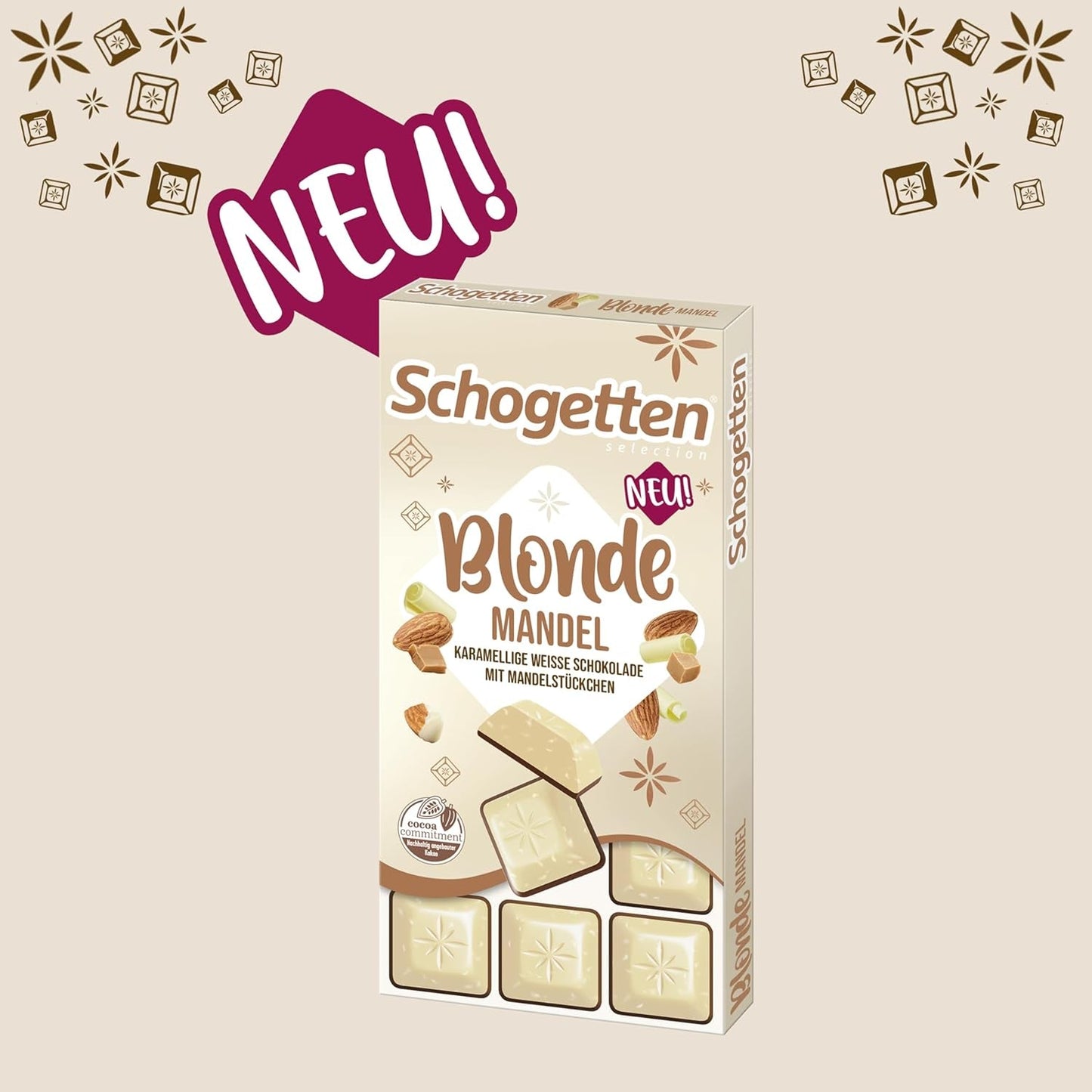 Schogetten Rubio Almendra | Chocolate blanco con trozos de caramelo y almendras | 100 gramos | Convenientemente porcionado (paquete de 2)
