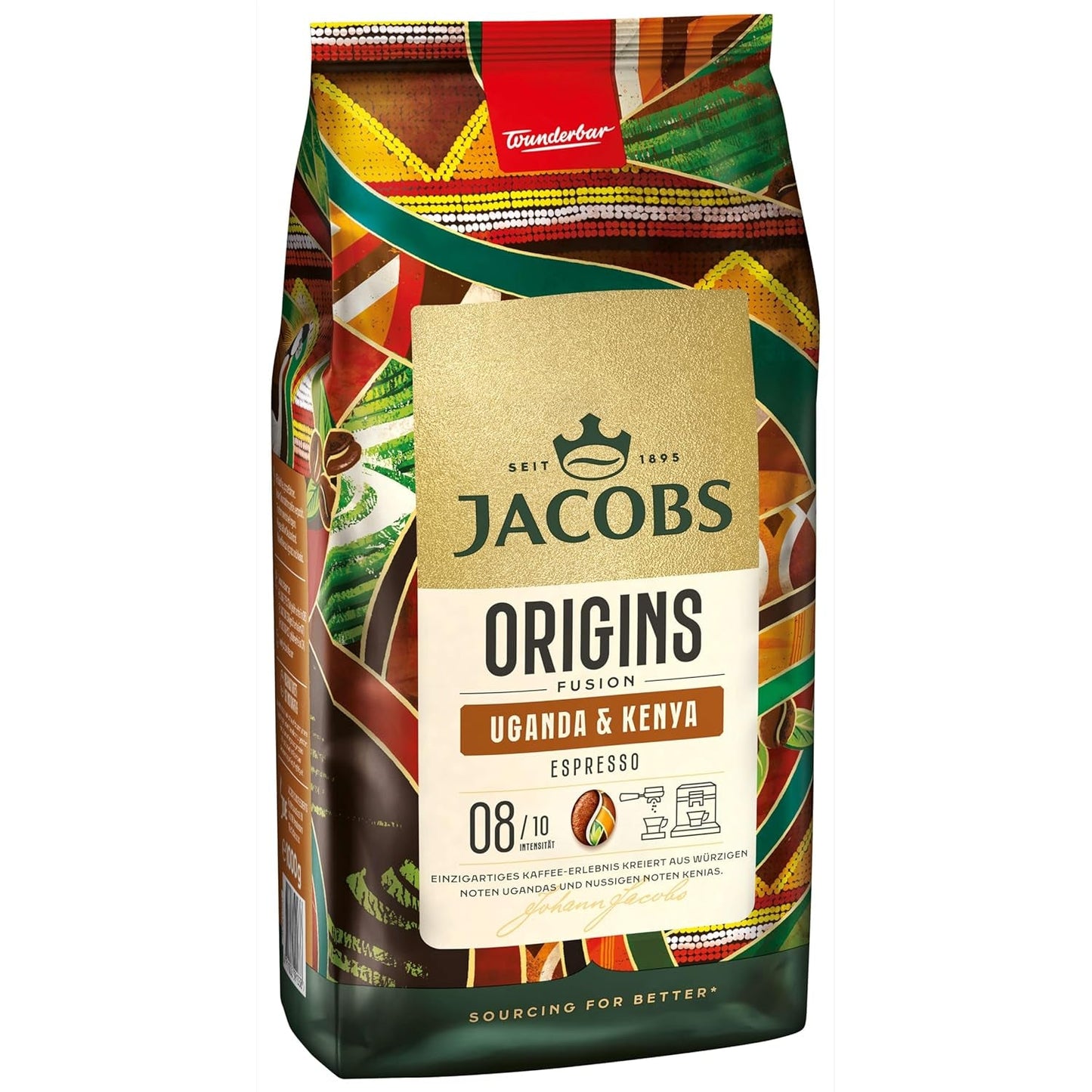 Jacobs Origins Café en granos de Uganda y Kenia, espresso con mucho cuerpo y una nota especiada, concentración 8/10, granos de café enteros, 1 kg