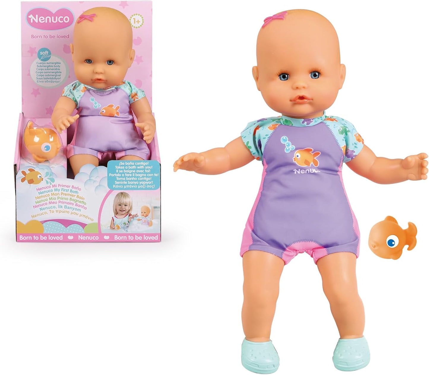 Mi primer baño: Un muñeco blandito con cuerpo impermeable, apto para usar en la bañera, la piscina y el mar. Incluye traje de baño y un pez colocado en el agua.