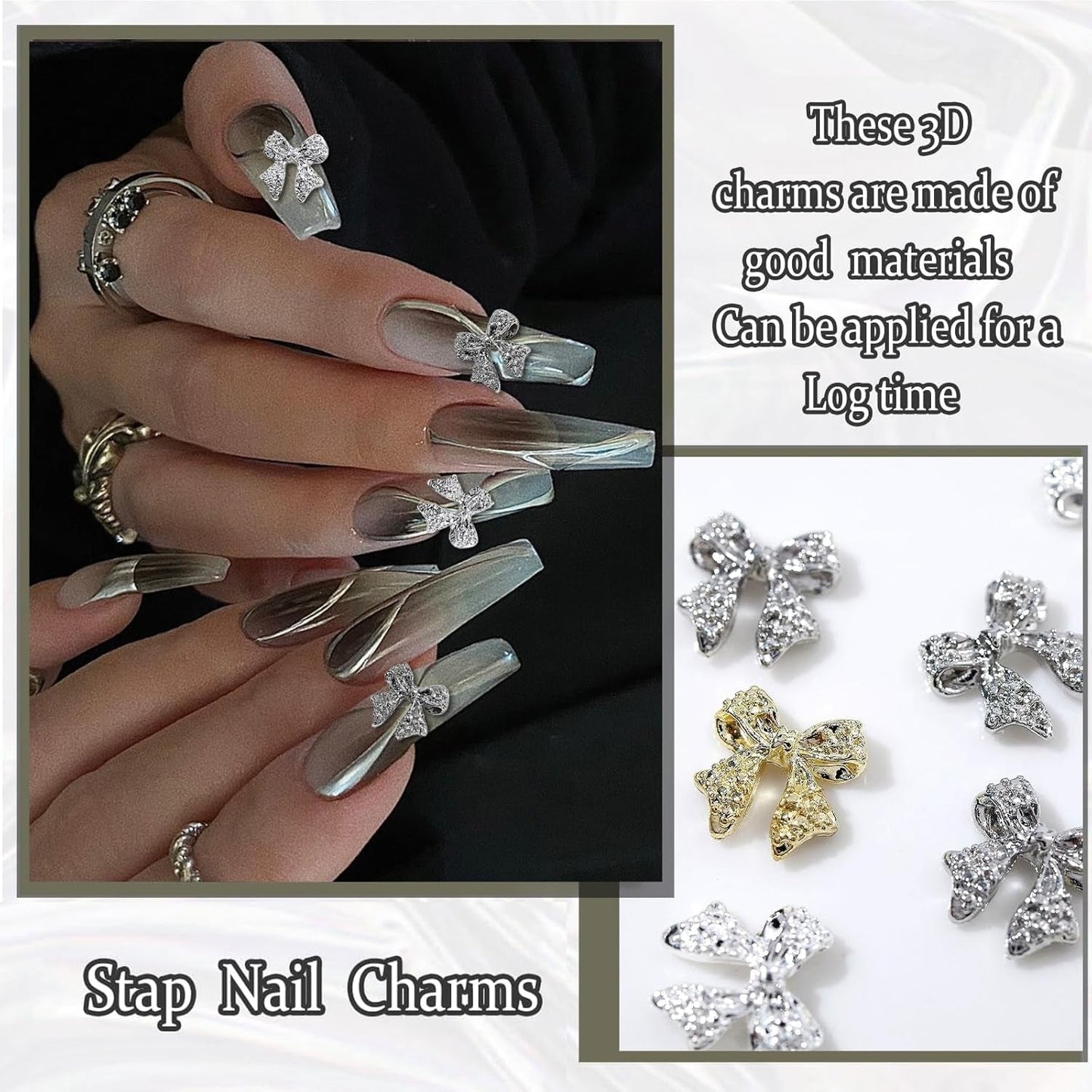 30 lazos de metal para uñas, lazos dorados, plateados y grises, accesorios para uñas, decoraciones de uñas para mujeres y niñas, diseño de uñas