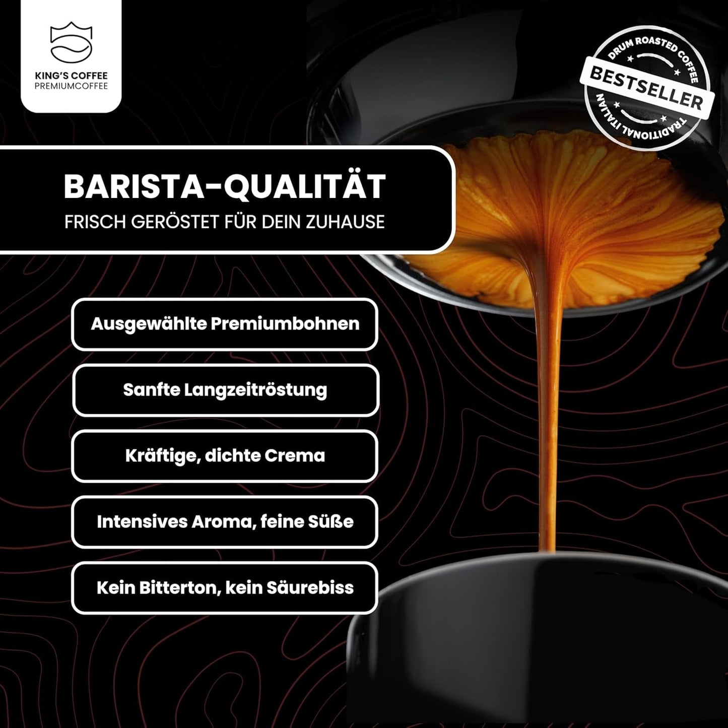KING'S COFFEE - EDICIÓN NEGRA - 1 kg de granos de café de crema intensa - Café de baja acidez - Tostado en pequeños lotes de Italia - Fuertes granos de espresso Arábica (mezcla) para máquinas totalmente automáticas y con portafiltro