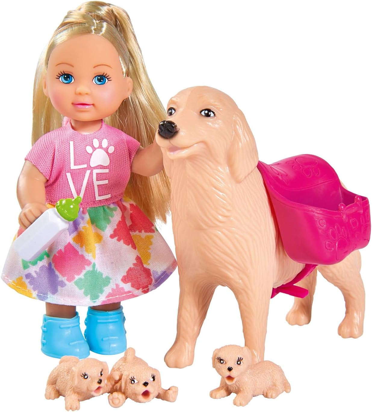 Simba 105733072 - Evi Love Dog Sitter con perro y tres cachorros, accesorios, muñeca de moda, 12 cm, para niños a partir de 3 años