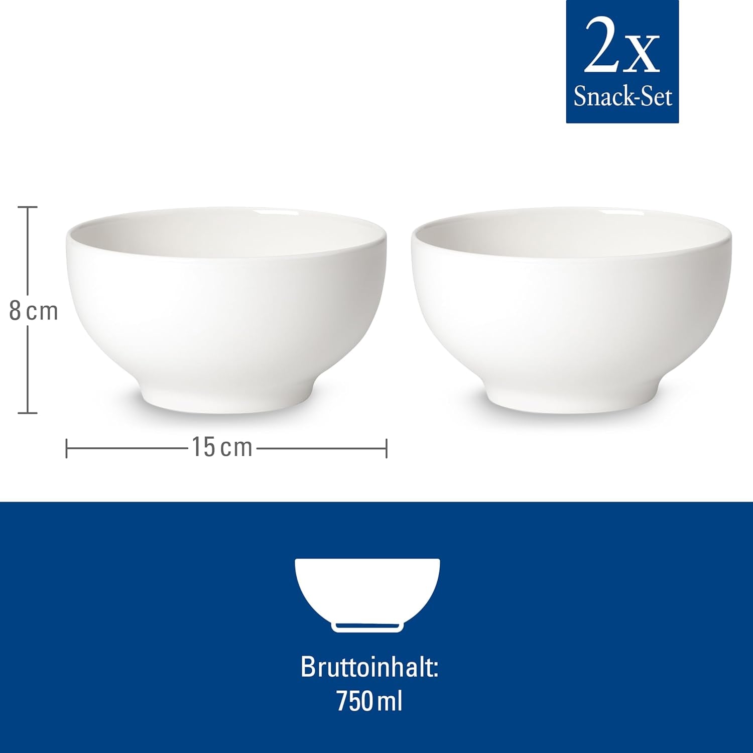Villeroy & Boch For Me Juego de 2 cuencos para cereales, blanco, aptos para lavavajillas y microondas, cuencos pequeños para 2, cuencos, cuencos para cereales, aperitivos o salsas, plato, porcelana premium