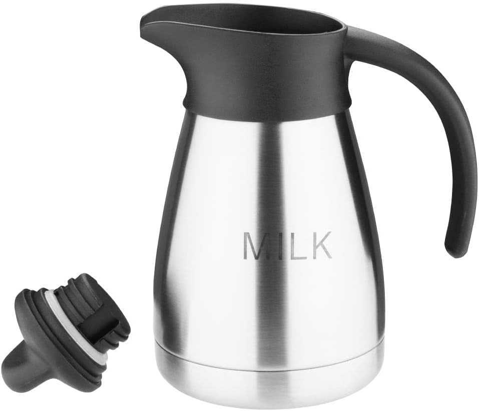 Taza de leche al vacío Olympia con tapa de rosca, 500 ml/17 oz, acero inoxidable con tapa negra, impresión de leche en el lateral, estaciones de buffet para té y café, CL371