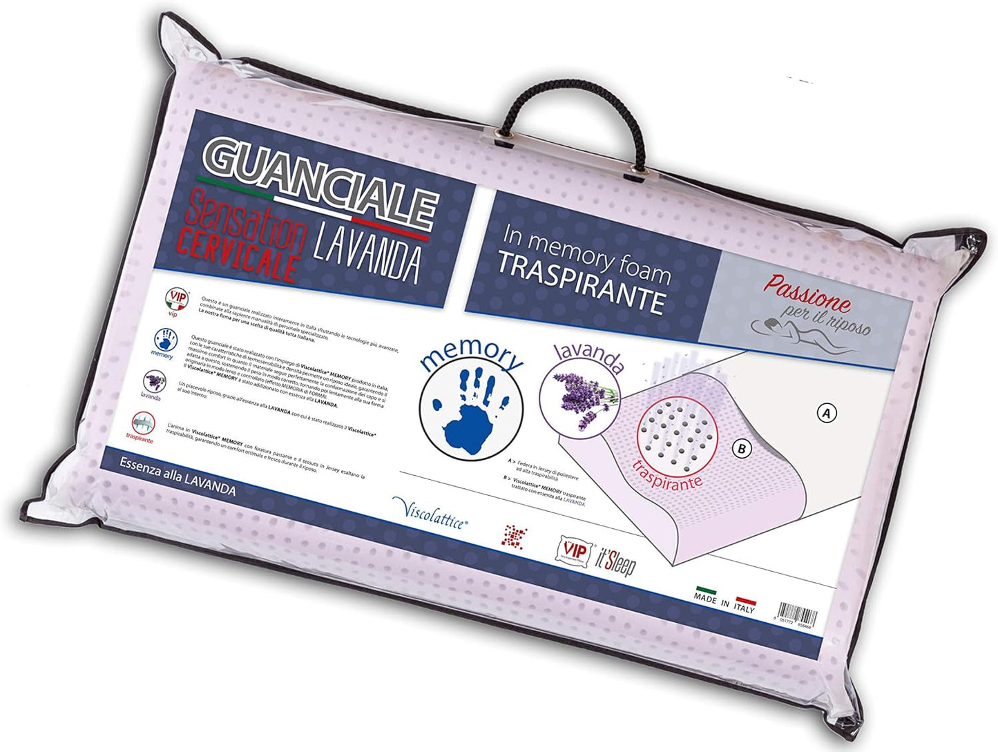 VIP Very Importante Almohada Almohada Jabón, rizos, viscoelástica, con tratamiento lavanda, 42 X 72 X 11, Made in Italy, blanco, C.854492 Naty Shop almohadas estándar Alb Viscolattice Memory Con Trattamento Lavanda - Cervicale