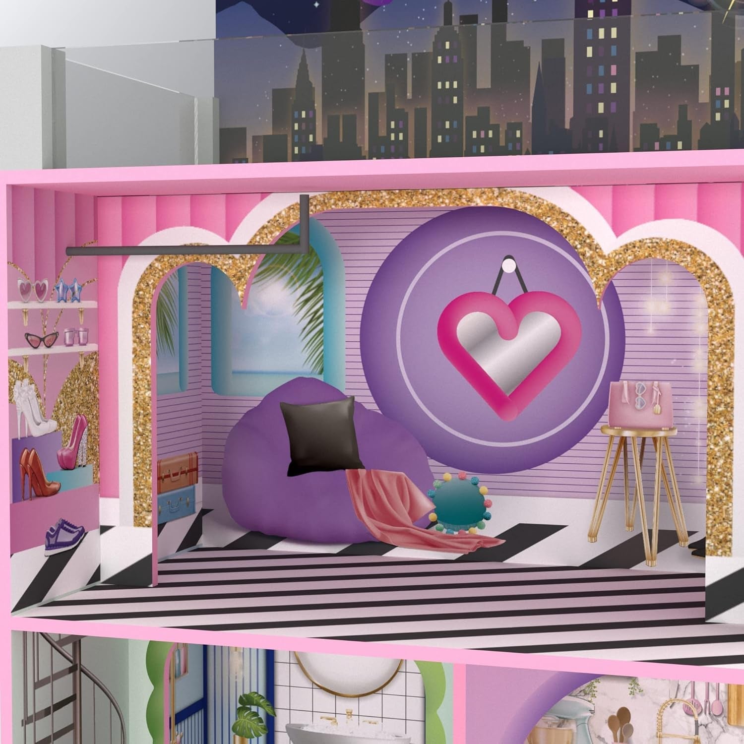 Olivia's Little World Big Dreamland Sunset Casa de muñecas interactiva de madera contemporánea de 3 pisos para niños con 16 accesorios para muebles de muñecas Multicolor TD-13616A