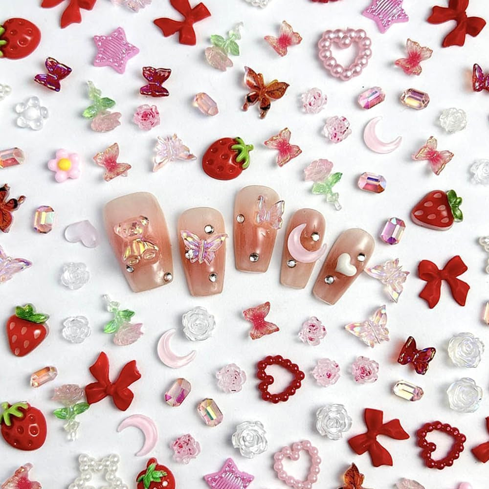 100 Uds. Dijes de uñas 3D Rosa Rot Kirsche Erdbeere Blume Nagel Charms Kamelie Rose Schmetterling Nail Art Charms Flatback Herz Schleife Charms Nägel Zubehör Mond Stern Nagelschmuck Nageldesign Anhänger