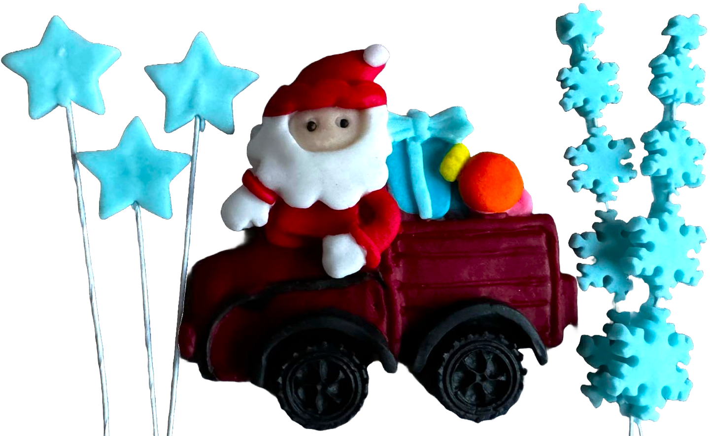 Set de 6 adornos comestibles de pasta de azúcar, Navidad, coche de Papá Noel, estrellas y copos de nieve Adornos de Pasta de Azúcar Naty Shop