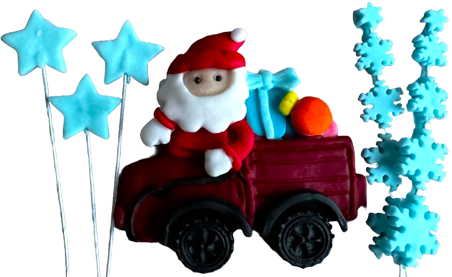 Set de 6 adornos comestibles de pasta de azúcar, Navidad, coche de Papá Noel, estrellas y copos de nieve Adornos de Pasta de Azúcar Naty Shop