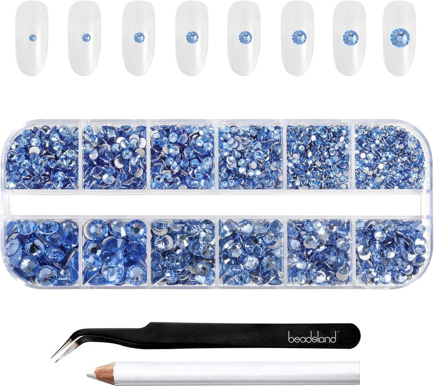 Beadsland 2500 piezas de piedras de cristal para decoración de uñas con parte trasera plana, piedras preciosas para trabajos manuales de 8 tamaños SS4 ~ SS30 con pinzas y puntas (Kristall Weiss)