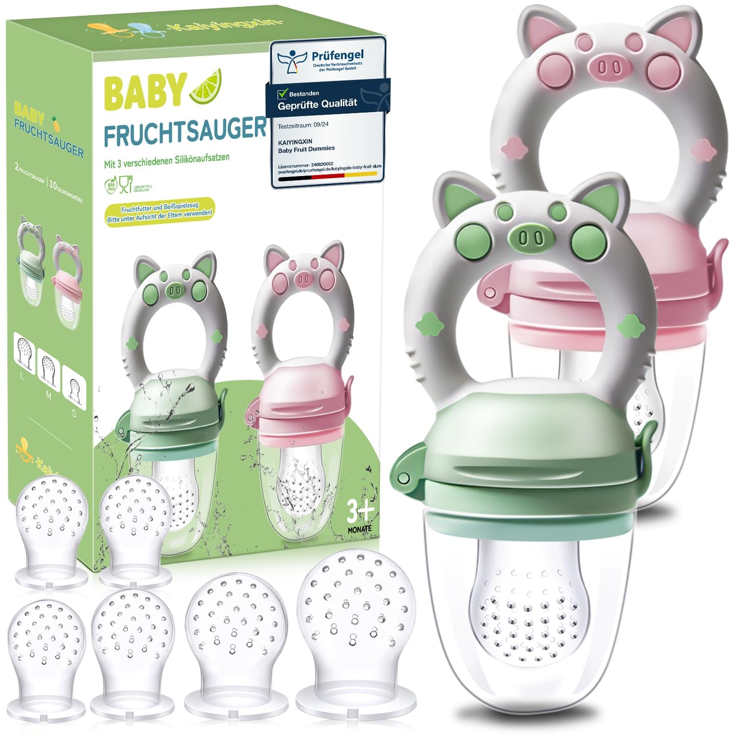 Chupetes de Frutas para Bebé, Pack de 2 Chupetes de Frutas para Bebés de 3 Meses en adelante Versión Mejorada 2023, Chupetes Rellenables, Chupetes de Gachas, Chupetes de Frutas para Bebés, Sin BPA, 8 Tetinas de Silicona en 3 Tamaños