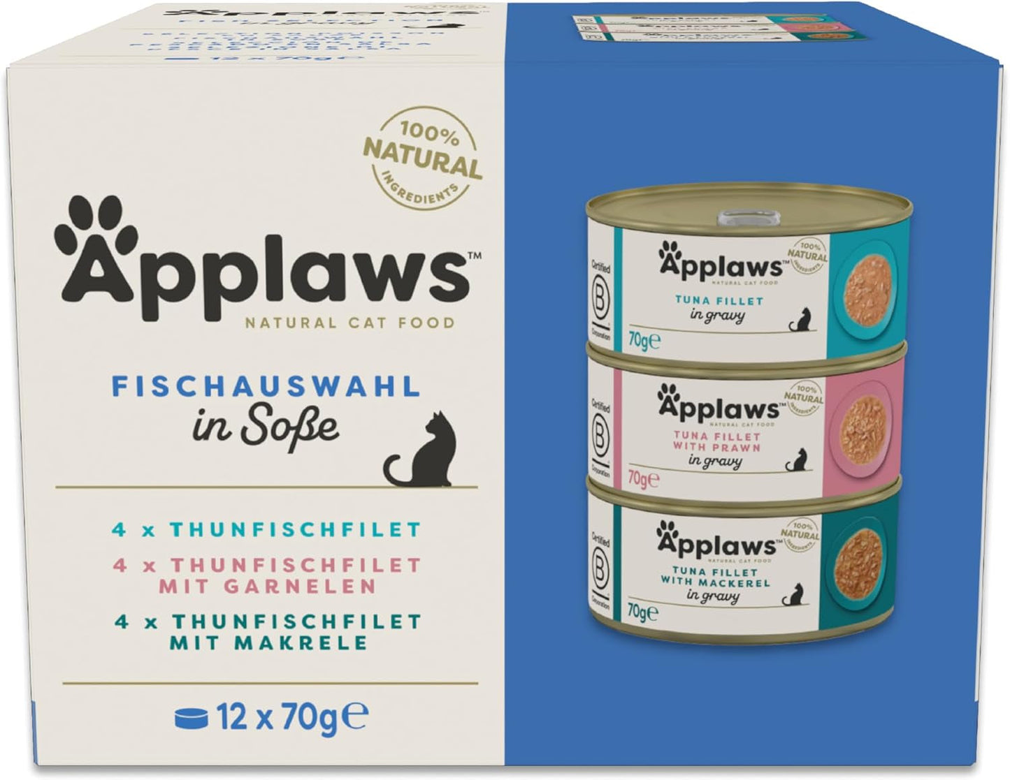 Applaws Comida húmeda 100% natural para gatos adultos, pescado variado en salsa, paquete múltiple, 12 cajas x 70 g