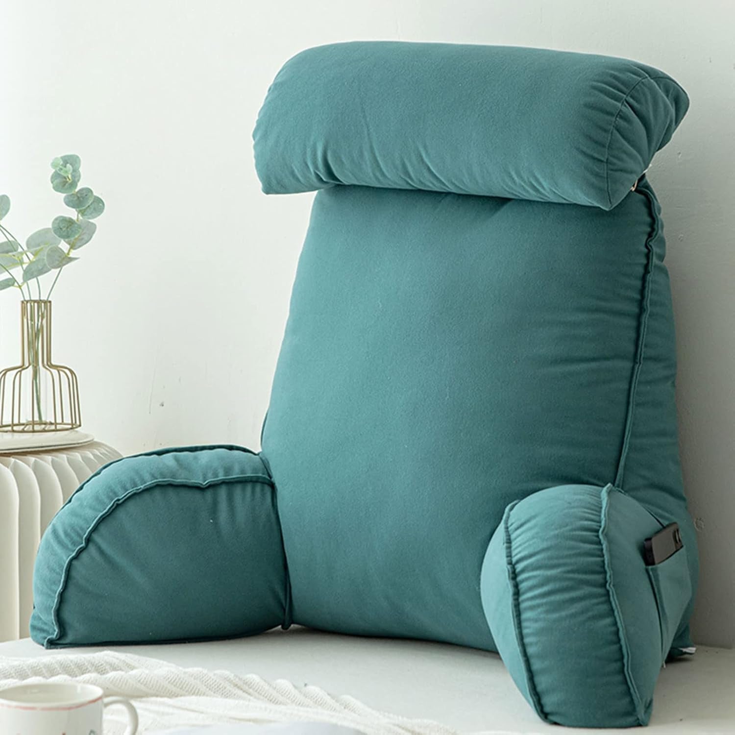 Almohada de lectura con reposabrazos, cojín para respaldo de sofá, cojín para libros para cama, con rollo para el cuello desmontable, cojín de apoyo para silla para relajarse, jugar, leer, mirar televisión, color champán