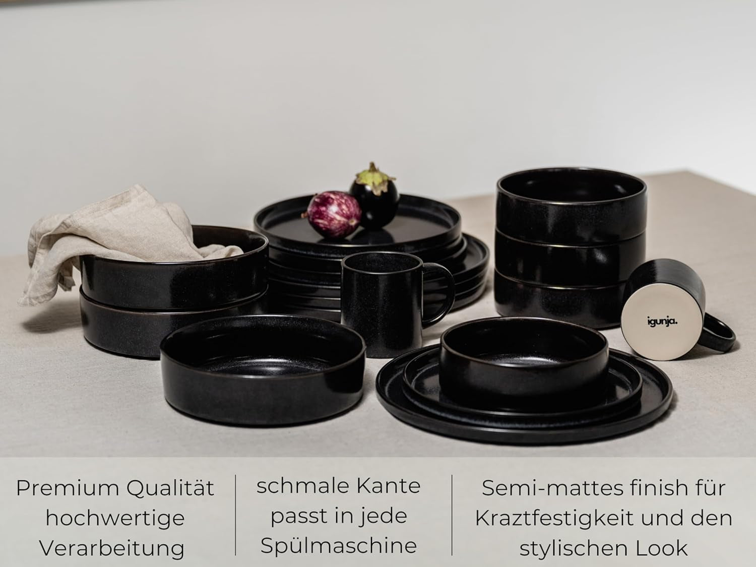 Juego de Platos y Tazones de Vajilla de Gres Negro [12 Piezas para 4 Personas] Juego de Vajilla Negra 100% Hecha a Mano con Esmalte Reactivo de Primera Calidad