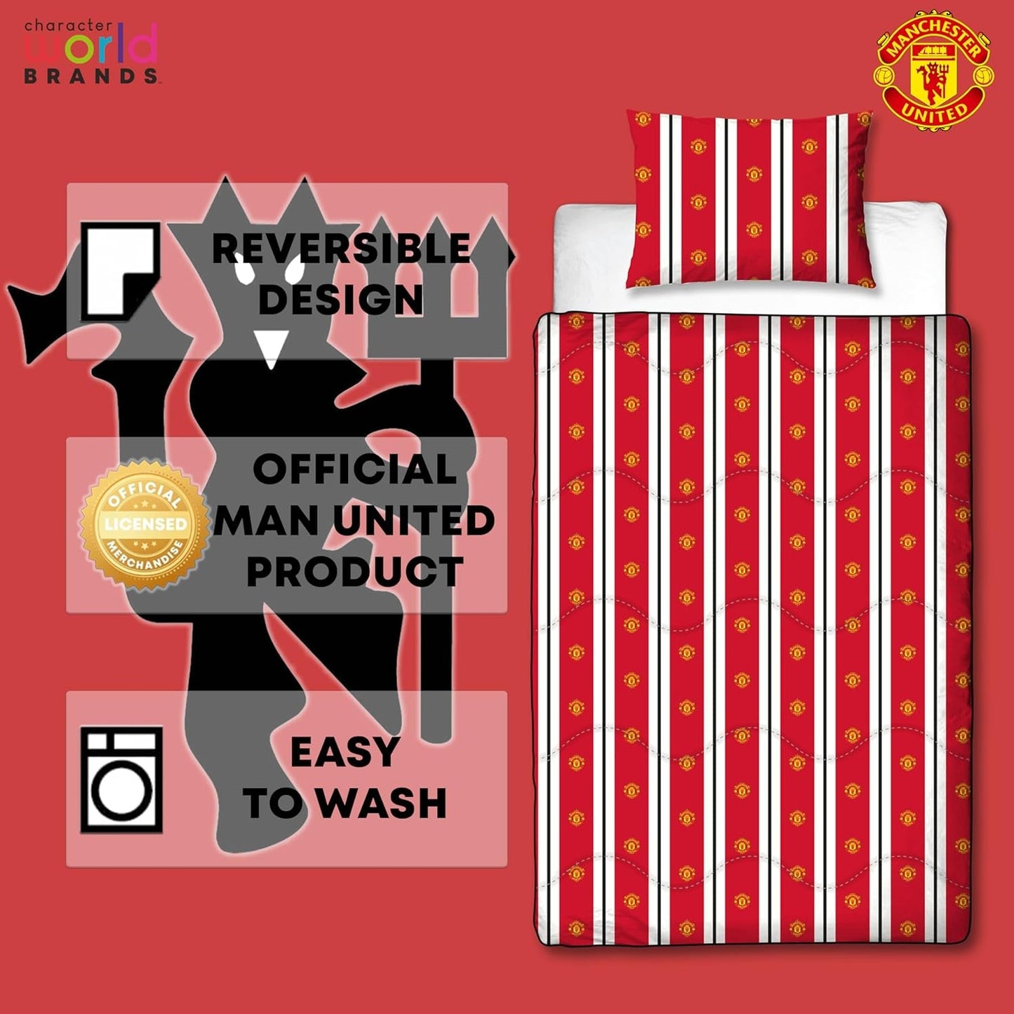 Manchester United FC Edredón Individual Oficial, Reversible, Rojo y Blanco, Sin Funda, Edredón de Fútbol, Funda de Almohada, Lavable, Perfecto para Viajes, Pernoctaciones, Edredones y Edredones 10,5 Tog Naty Shop
