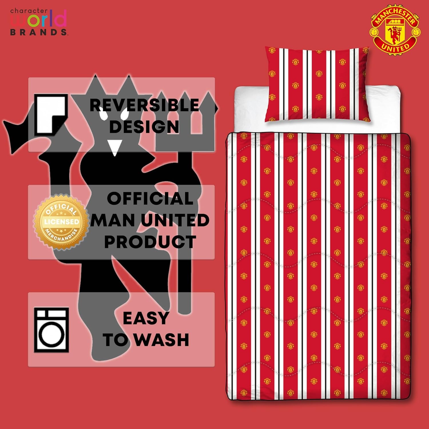 Manchester United FC Edredón Individual Oficial, Reversible, Rojo y Blanco, Sin Funda, Edredón de Fútbol, Funda de Almohada, Lavable, Perfecto para Viajes, Pernoctaciones, Edredones y Edredones 10,5 Tog Naty Shop