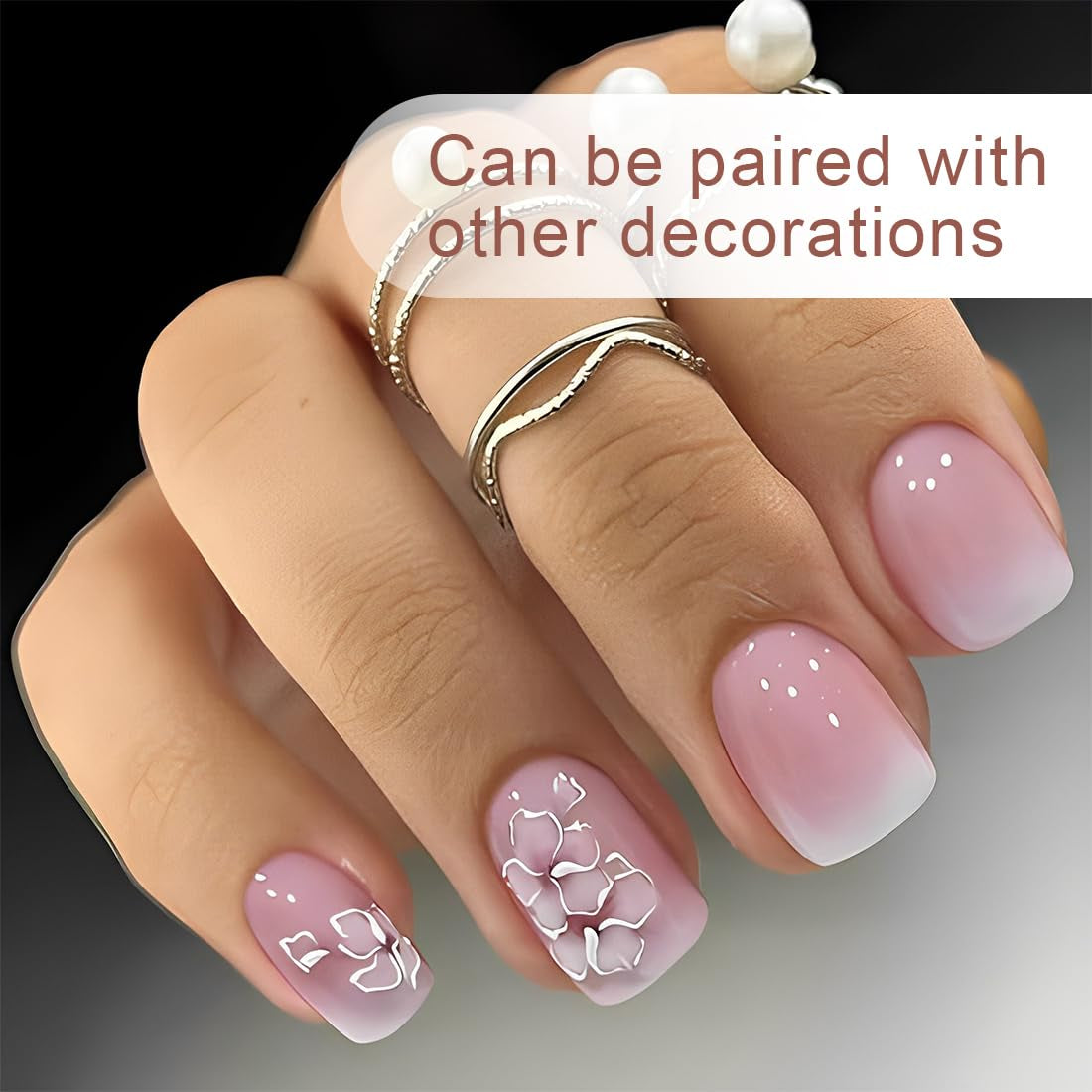 24 piezas de pegamento cuadrado blanco en uñas cortas, patrón floral degradado rosa, uñas artificiales, uñas postizas, uñas cuadradas francesas, uñas artificiales para mujeres