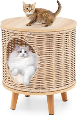 Katzenhaus Rattan, Katzenmöbel mit Holzbeinen & soft Kissen, 3 en 1 Katzenhöhle Fußhocker Nachttisch, Katzenbett stabil bis 30 kg für Wohnzimmer Schlafzimmer