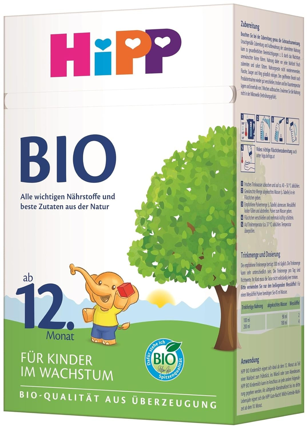 Leche de crecimiento orgánica HiPP (4 x 600 g) después de 12 meses con calcio, hierro, vitamina C y D para niños pequeños en crecimiento, la mejor calidad orgánica