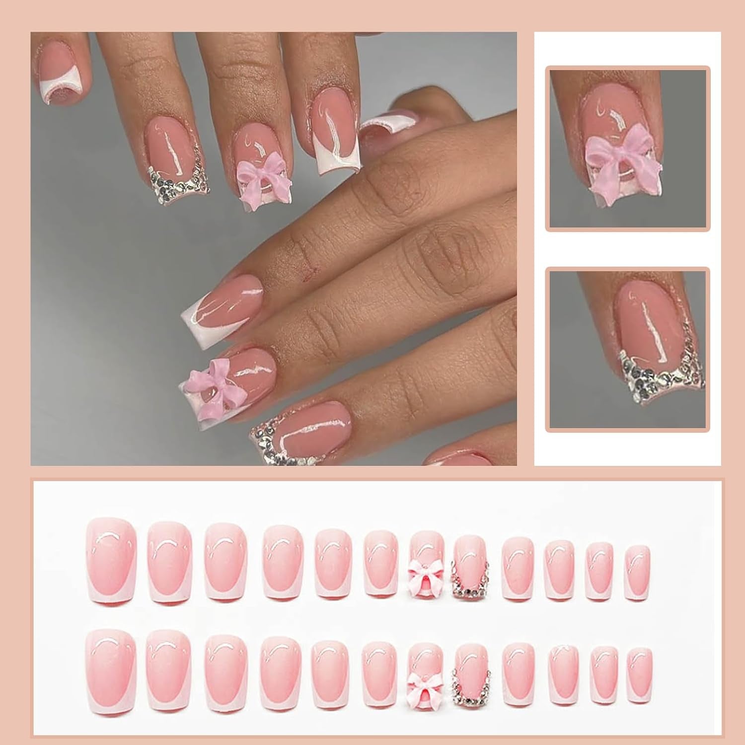 24 Uds. De tabletas para manicura francesa con lazo de diamante rosa, uñas cuadradas con patrón de diamantes de imitación, uñas artificiales rosas desnudas, pegamento de cobertura completa para manicura