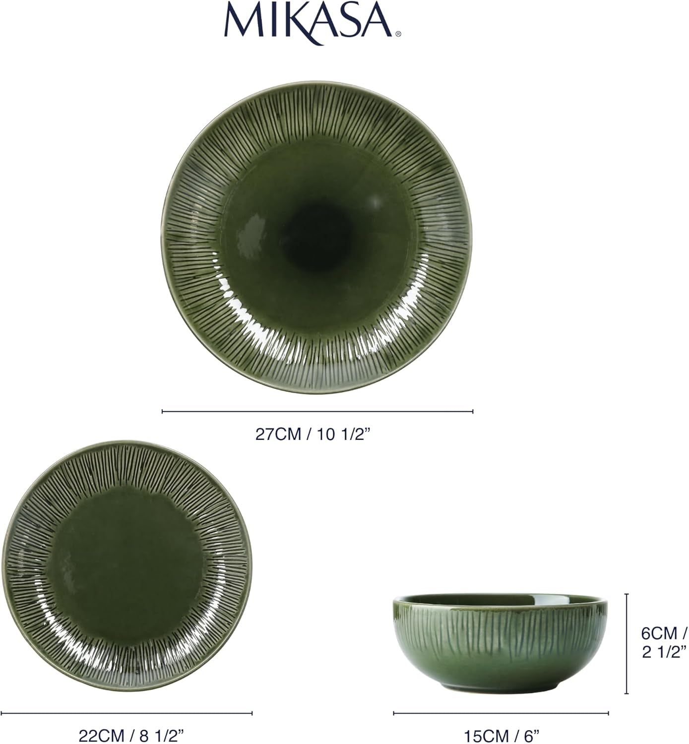 Mikasa Jardin Vajilla de gres de 12 piezas, vajilla para 4 personas con platos, guarniciones y cuencos, verde - Caja de regalo y apta para lavavajillas