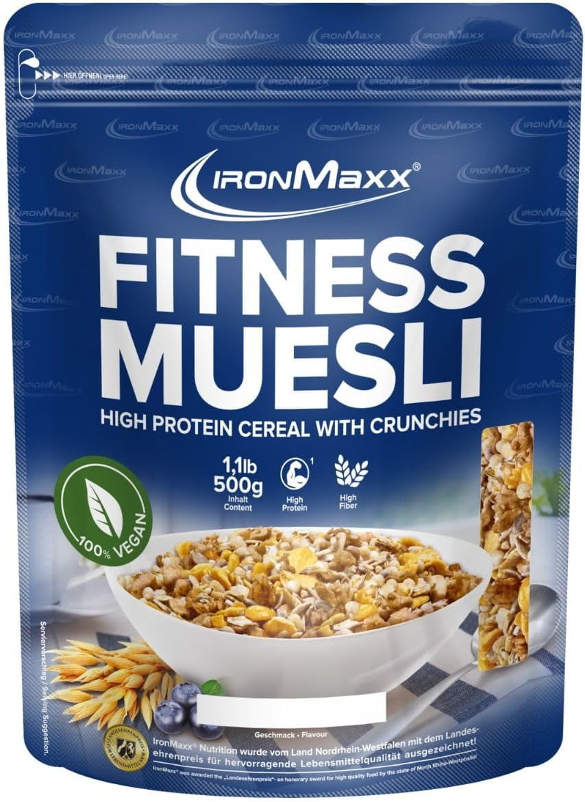 IronMaxx Fitness Muesli - Galletas y Crema, Bolsa de 2 kg | Muesli vegano rico en proteínas con contenido crujiente | Bajo en azúcar y alto en fibra.