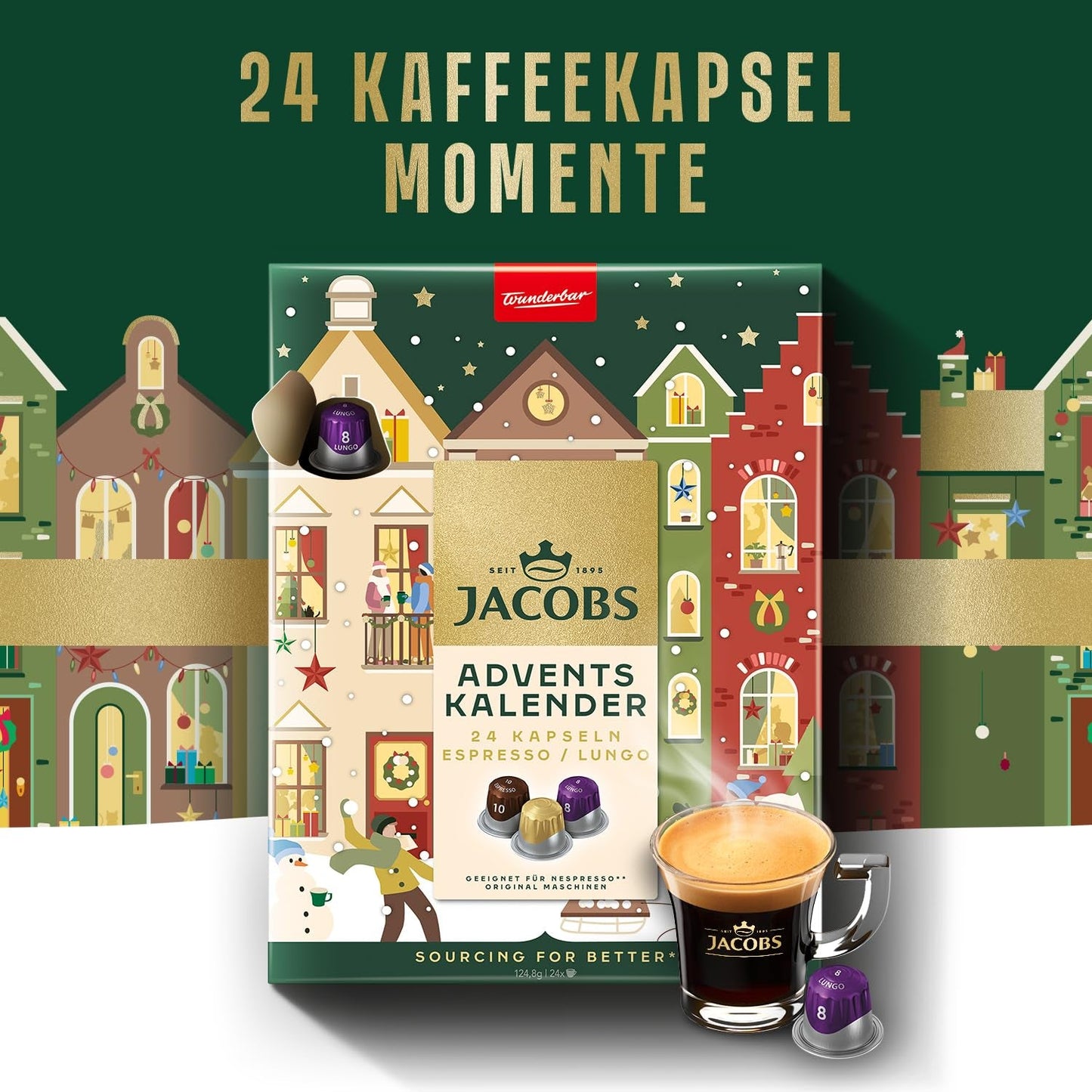 Jacobs Kapsel Adventskalender, 24 Espresso/Lungo Kapseln, Nespresso* compatible Kaffee Kapseln, 24 Kapseln